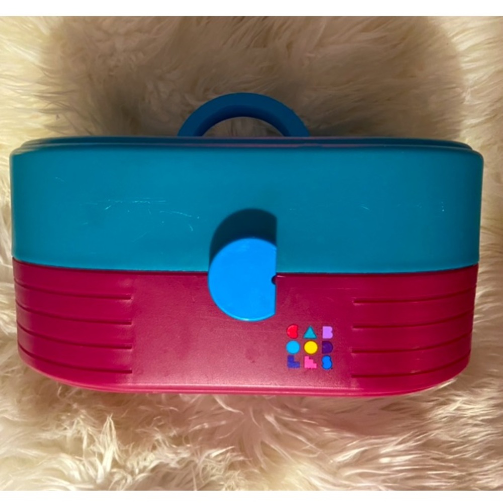Vintage CABOODLES 80s/90s Teal & Pink Makeup Train Case with Mirror